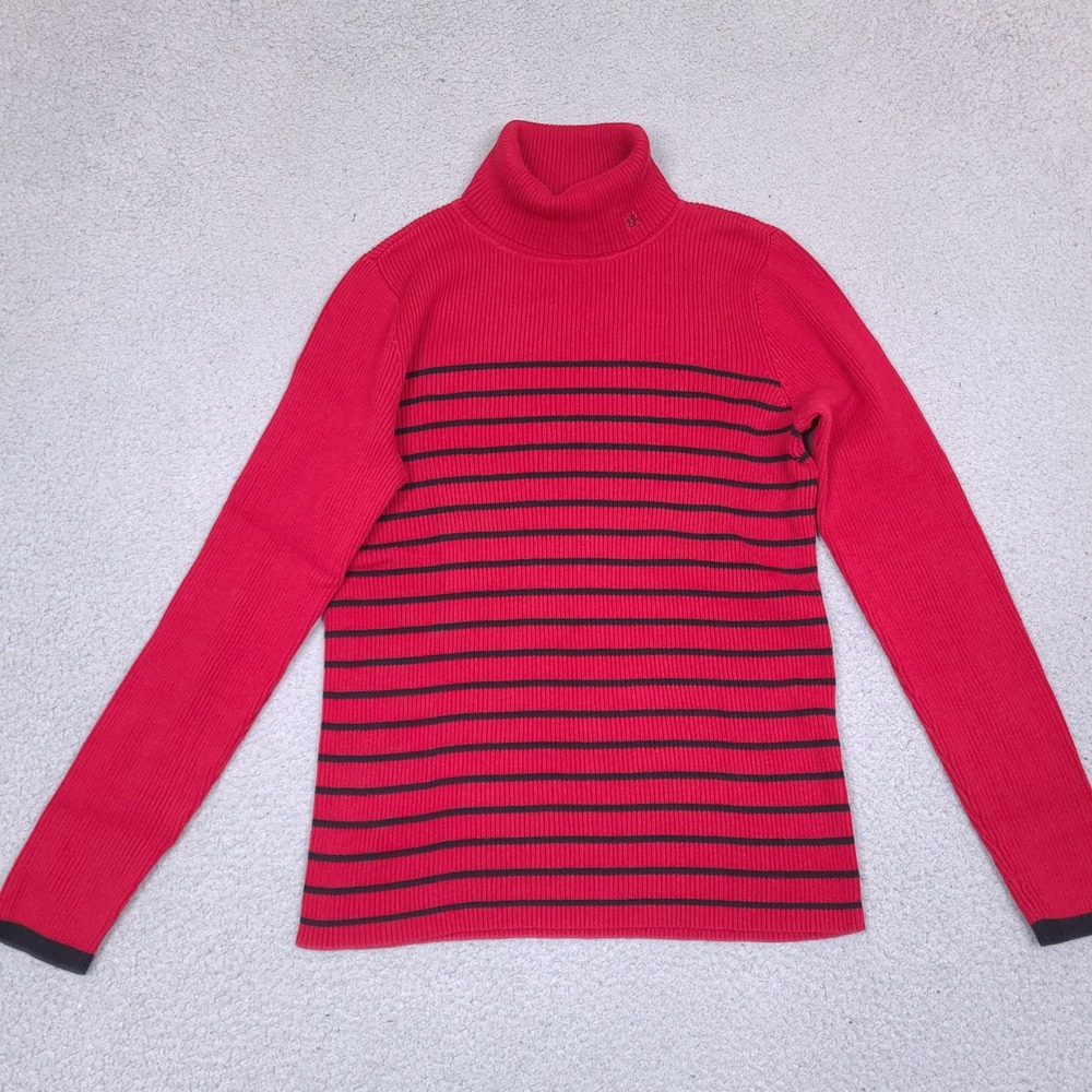 Lauren Ralph‎ Lauren Sweater Womens Large Red Striped Cotton Knit Turtleneck